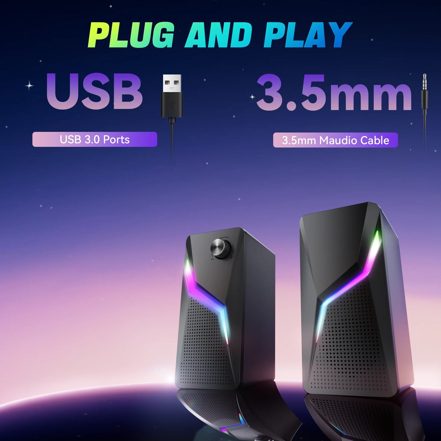 2.0 PC Speaker With RGB Light Subwoofer Stereo Wired USB Sound Box Portable For Gaming Gamer/Computer/TV/Laptop Loundspeaker